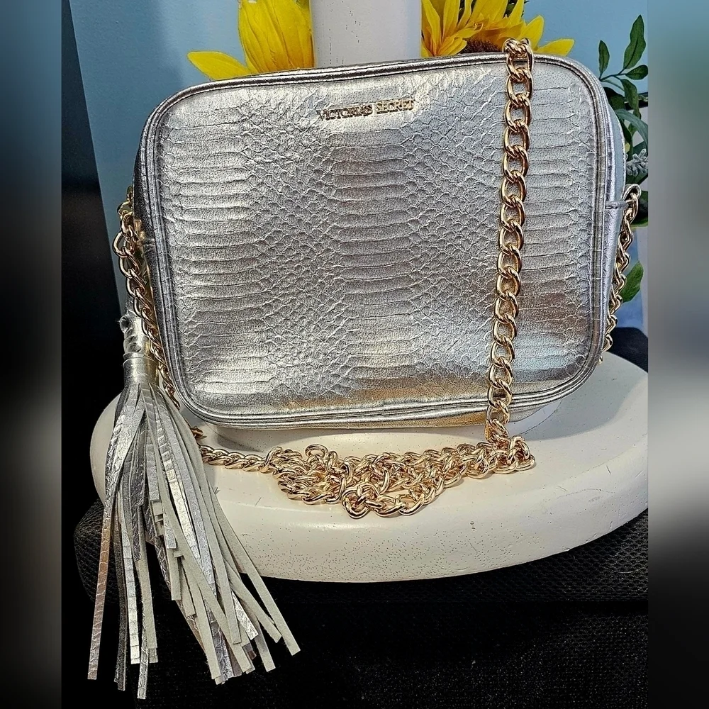 Victoria's Secret Metallic Silver Faux Snake skin  Gold Chain Crossbody bag